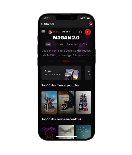 Senpai Stream APK home screen with French films series and anime available for free streaming
